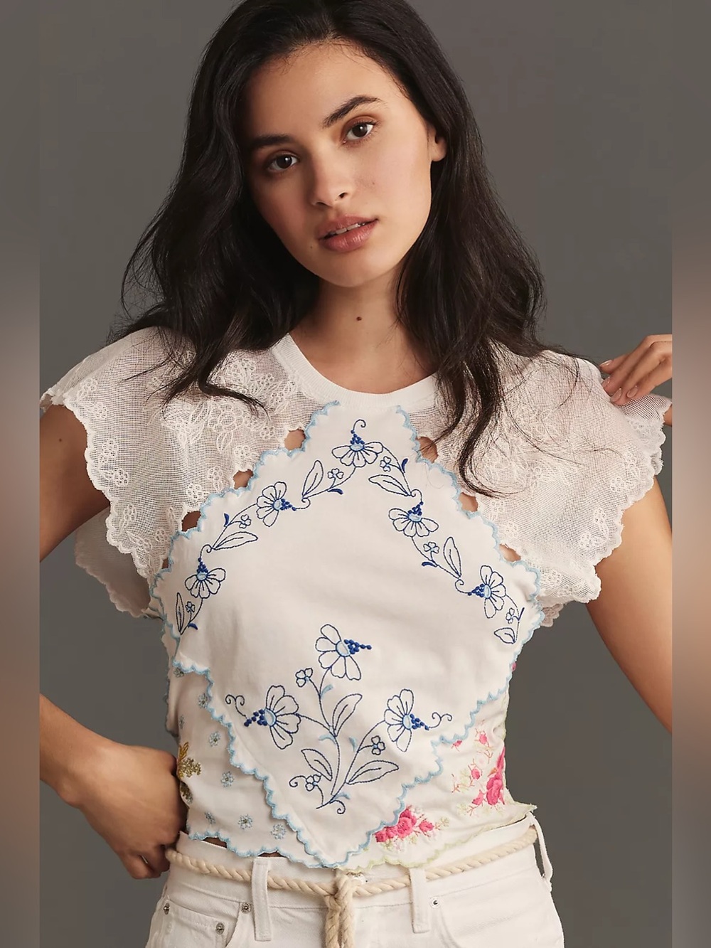 Anthropologie White Crop Top with Blue Floral Embroidery NWOT